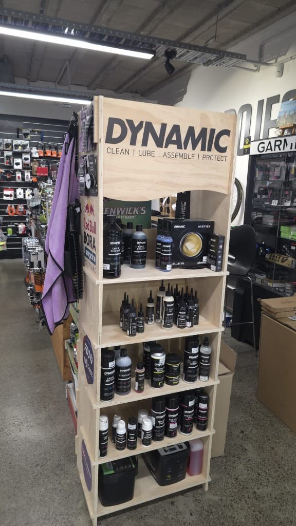Dynamic bike care products on a shop display